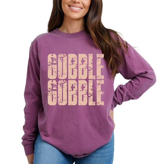 Gobble Gobble Block Distressed - Women's Garment Dyed Long Sleeve Graphic T-Shirt