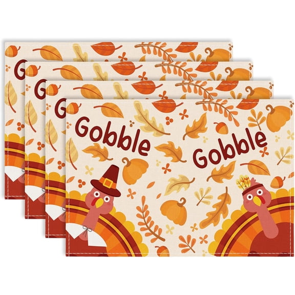 Gobble Gobble Fall Placemats Set of 4, 12x18 Pumpkins Turkey Maple Leaves Table Mat Decor, Seasonal Autumn Table Decors for Thanksgiving Dining Kitchen Holiday Party. (023)