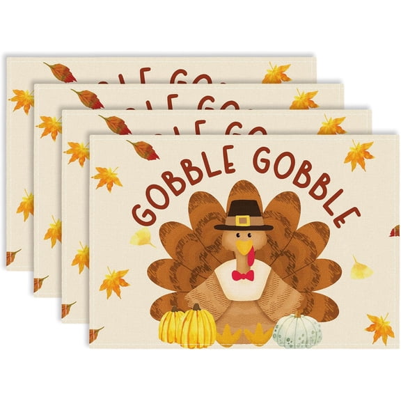 Gobble Gobble Fall Placemats Set of 4, 12x18 Pumpkins Turkey Maple Leaves Table Mat Decor, Seasonal Autumn Table Decors for Thanksgiving Dining Kitchen Holiday Party. (022)