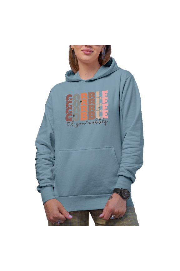 Gobble, Gobble, Gobble, Gobble Til You Wobble, Thanksgiving Day Themed Art Merch Gift, Light Blue Hooded Sweatshirt or Hoodie, Medium