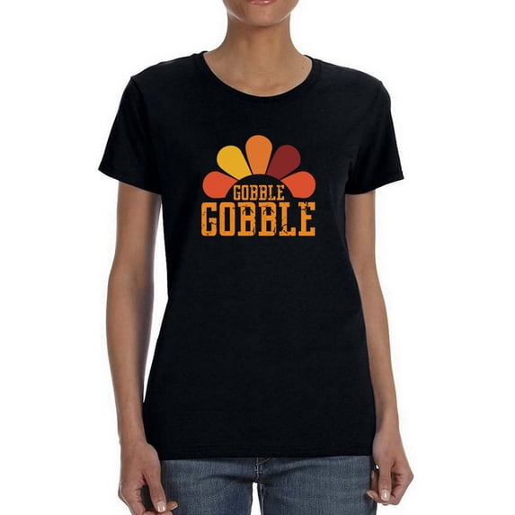 Gobble Gobble Turkey Feathers Women Black T-Shirt, Female x-Large