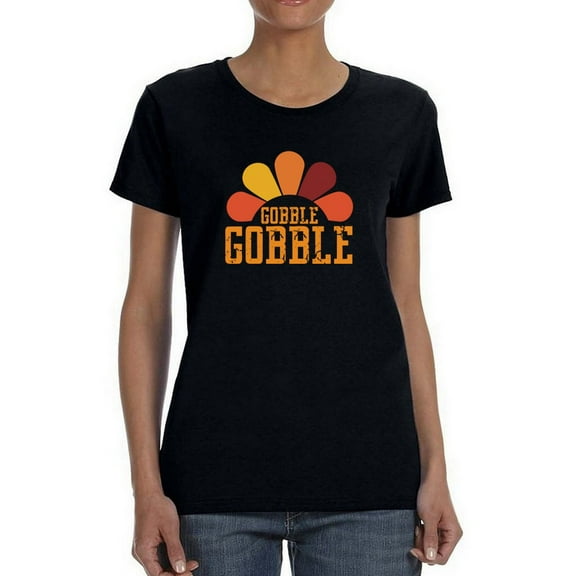 Gobble Gobble Turkey Feathers Women Black T-Shirt, Female x-Large