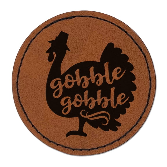 Gobble Gobble Turkey Thanksgiving 2.5" Faux Leather Round Engraved Iron-On Patch - Brown