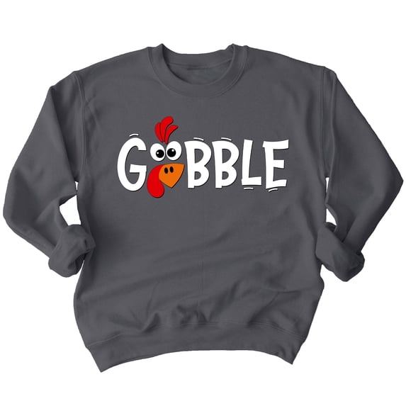 Gobble Thanksgiving Dinner Funny Turkey Face Crewneck Sweatshirt, L, Charcoal