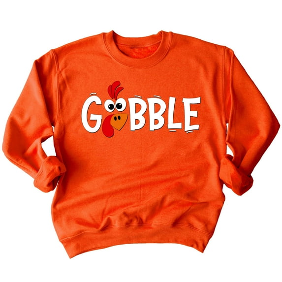 Gobble Thanksgiving Dinner Funny Turkey Face Crewneck Sweatshirt, L, Orange