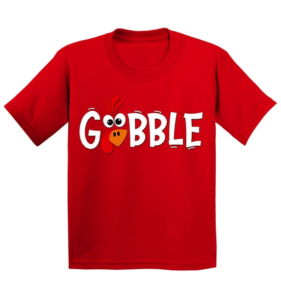 Gobble Thanksgiving Dinner Funny Turkey Face Youth T-shirt For Kids, XL, Red