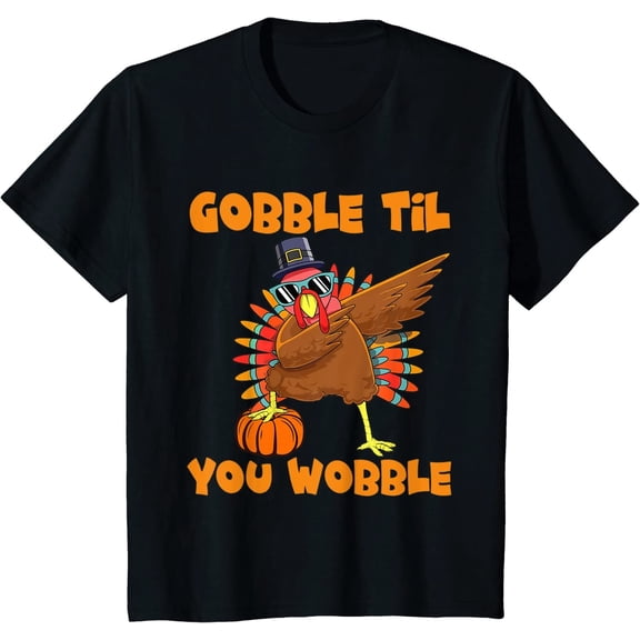 Gobble Til You Wobble Dabbing Turkey Thanksgiving Youth Unisex T-shirt