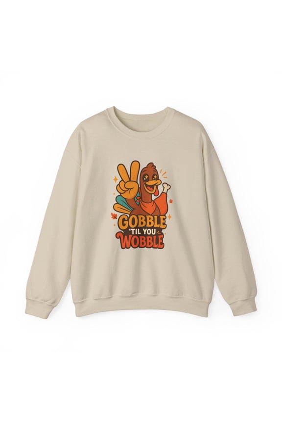Gobble Til You Wobble TShirt Funny Thanksgiving Turkey Crewneck Retro Fall Peace Sign Pull