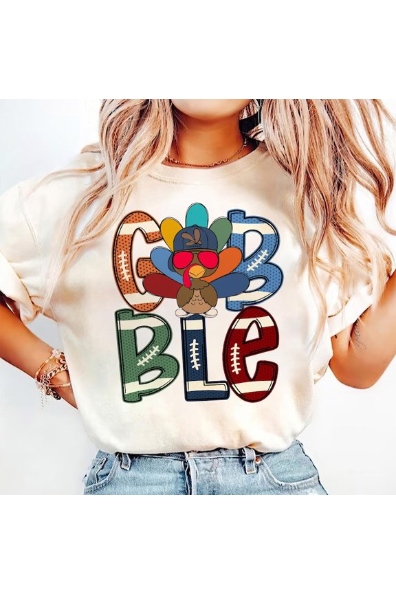 Gobble Turkey Boys T-Shirt, Funny Thanksgiving Kids Tee, Turkey in Hat Fall Shirt, Cute Holiday Shirt for Boys, Hand Drawn Turkey Day Tee