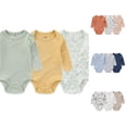 thumbnail image 1 of GobdXE 3 Pack Ribbed Long Sleeve Baby Bodysuit Set Tropical Leaf Safari Animal Print Infant Onesie Multipack Size:0-3 Months, 1 of 4