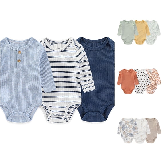 GobdXE 3 Pack Ribbed Long Sleeve Baby Bodysuit Set Tropical Leaf Safari Animal Print Infant Onesie Multipack Size:0-3 Months