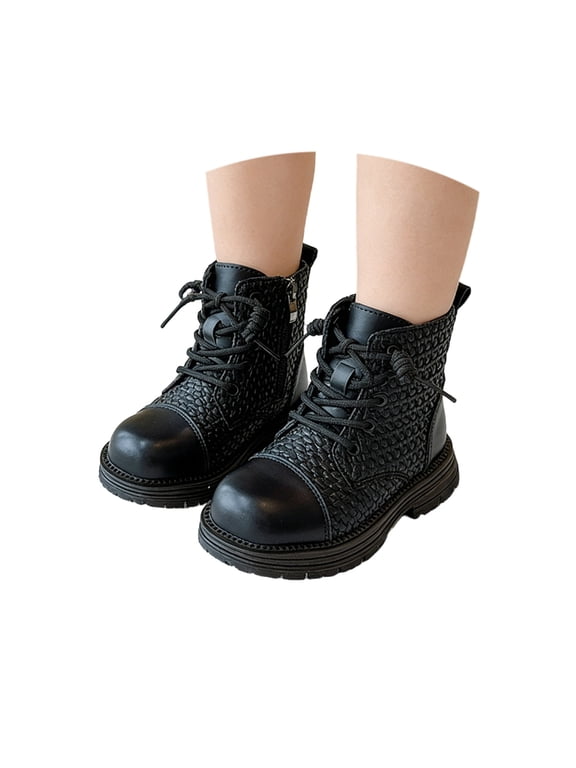 GobdXE Ankle Boots Solid Croc Embossed Lace Up Side Zipper Thick Lug Sole Casual Shoes Black,5.5-6 Years