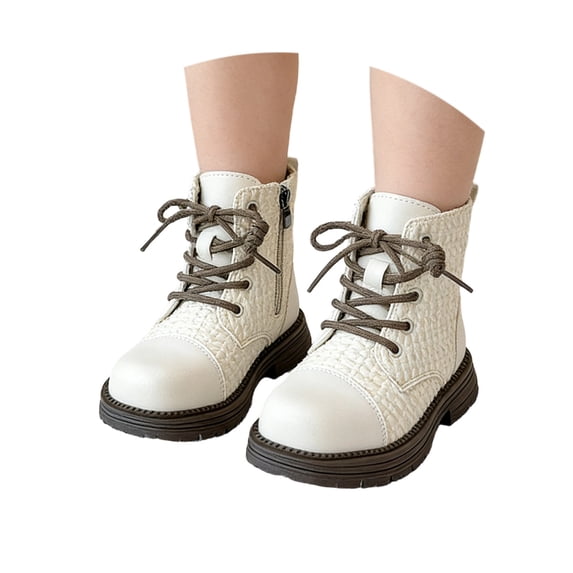 GobdXE Ankle Boots Solid Croc Embossed Lace Up Side Zipper Thick Lug Sole Casual Shoes White,9-9.5 Years