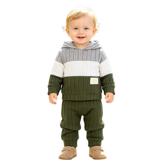 GobdXE Baby Boys 2-Piece Colorblock Ribbed Hoodie & Jogger Pants Set Green,9-12 Months