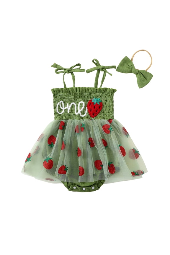 GobdXE Baby Strawberry Romper Set First Birthday Tutu Outfit with Bow Color:Green,Size:12-18 Months