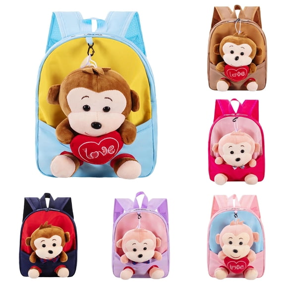 GobdXE Back To School Unisex Student Detachable Plush Monkey Doll Mini Backpack Love Heart Embroidery Front Pocket Water Resistant Daypack Size:One Size