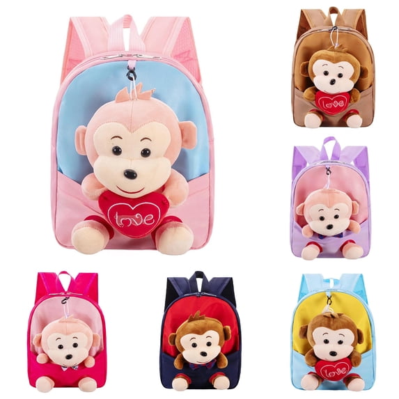 GobdXE Back To School Unisex Student Detachable Plush Monkey Doll Mini Backpack Love Heart Embroidery Front Pocket Water Resistant Daypack Size:One Size