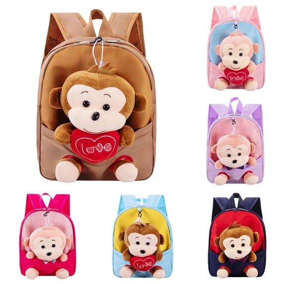 GobdXE Back To School Unisex Student Detachable Plush Monkey Doll Mini Backpack Love Heart Embroidery Front Pocket Water Resistant Daypack Size:One Size