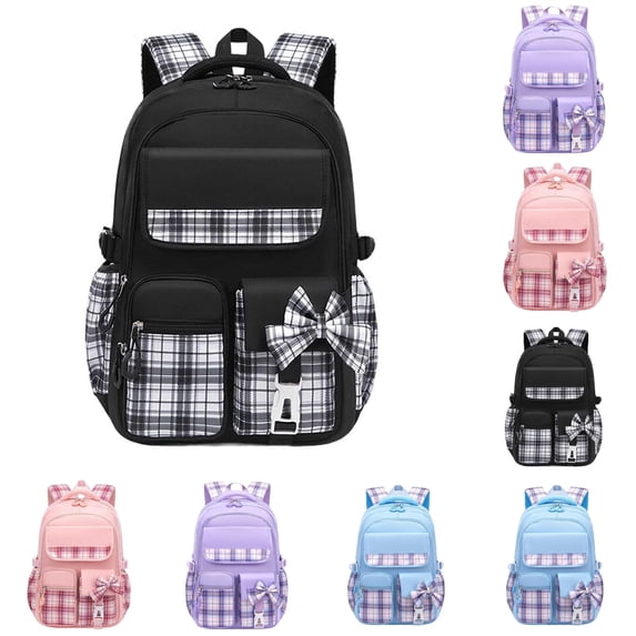 GobdXE Back To School Plaid Spliced Backpack with Bow Decor Multi Pocket Water Resistant Unisex Daypack Size:One Size