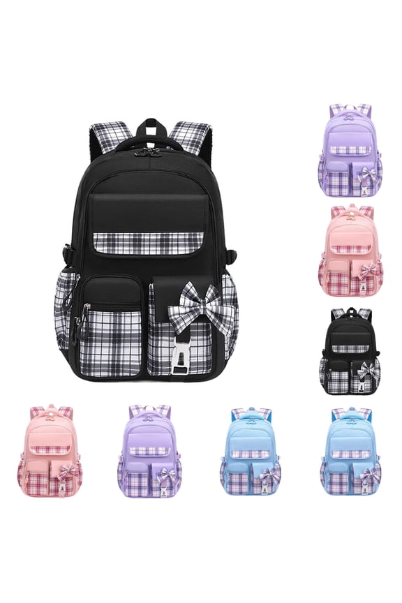 GobdXE Back To School Plaid Spliced Backpack with Bow Decor Multi Pocket Water Resistant Unisex Daypack Size:One Size