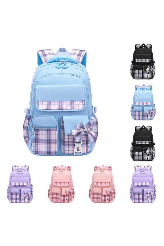 GobdXE Back To School Plaid Spliced Backpack with Bow Decor Multi Pocket Water Resistant Unisex Daypack Size:One Size