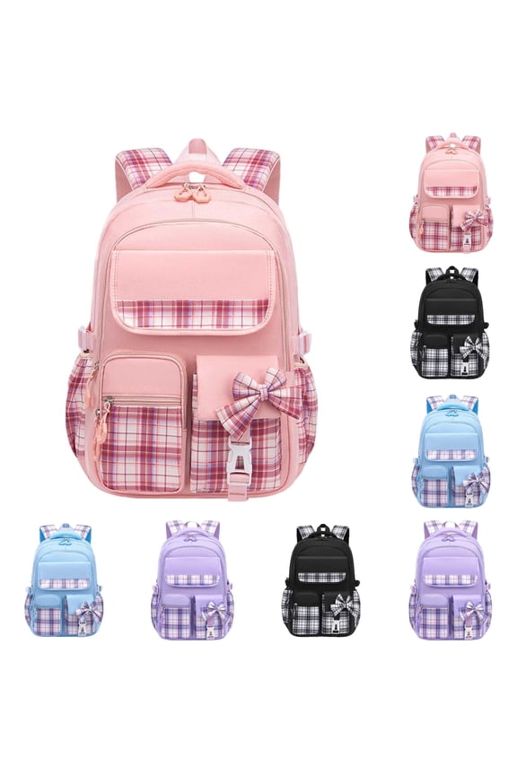 GobdXE Back To School Plaid Spliced Backpack with Bow Decor Multi Pocket Water Resistant Unisex Daypack Size:One Size