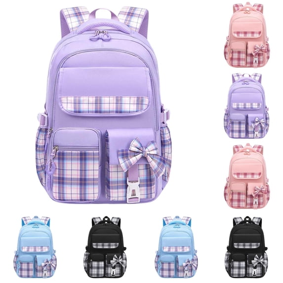 GobdXE Back To School Plaid Spliced Backpack with Bow Decor Multi Pocket Water Resistant Unisex Daypack Size:One Size