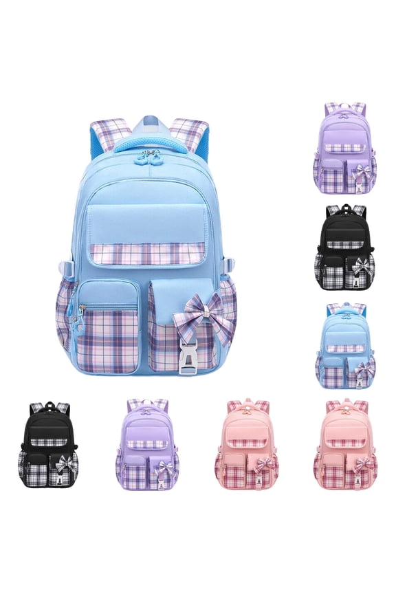 GobdXE Back To School Plaid Spliced Backpack with Bow Decor Multi Pocket Water Resistant Unisex Daypack Size:One Size