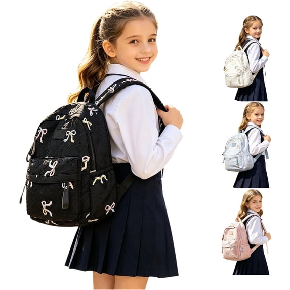 GobdXE Back To School Unisex Student Quilted Pastel Bow Embroidery Backpack Front Zipper Pocket Lightweight Casual Daypack Size:One Size