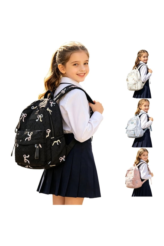 GobdXE Back To School Unisex Student Quilted Pastel Bow Embroidery Backpack Front Zipper Pocket Lightweight Casual Daypack Size:One Size