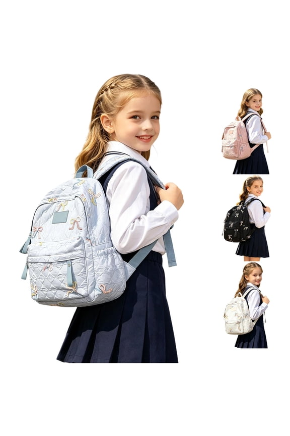 GobdXE Back To School Unisex Student Quilted Pastel Bow Embroidery Backpack Front Zipper Pocket Lightweight Casual Daypack Size:One Size