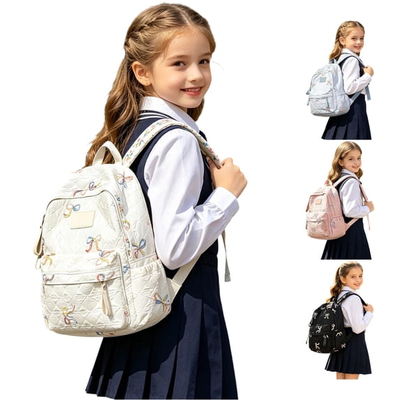 GobdXE Back To School Unisex Student Quilted Pastel Bow Embroidery Backpack Front Zipper Pocket Lightweight Casual Daypack Size:One Size