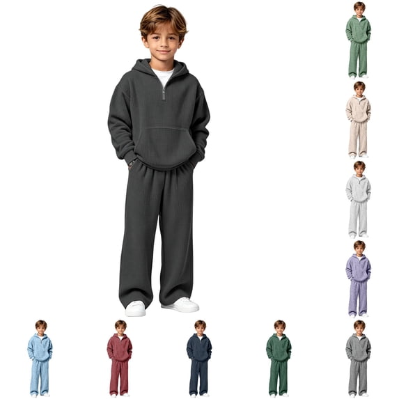 GobdXE Boys 2-Piece Waffle Knit Hoodie & Pants Set, Quarter-Zip Sweatsuit Black,4-5 Years