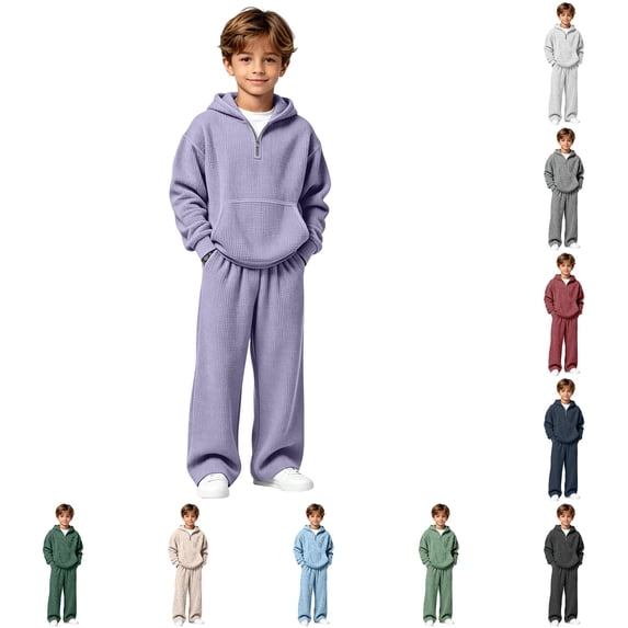 GobdXE Boys 2-Piece Waffle Knit Hoodie & Pants Set, Quarter-Zip Sweatsuit Purple,6-7 Years