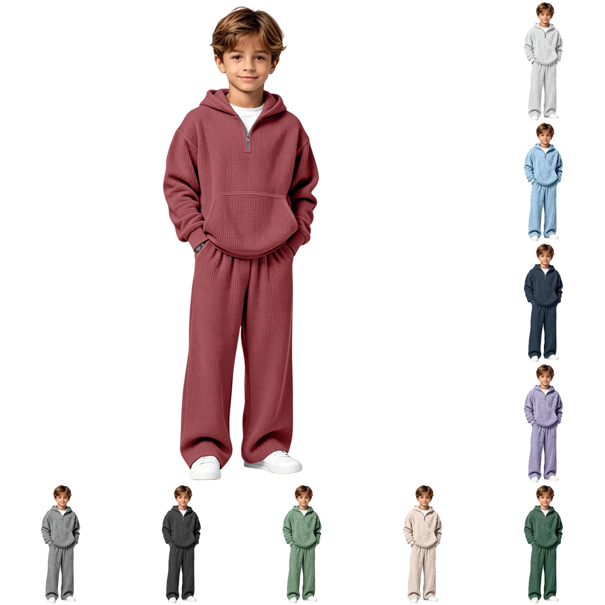GobdXE Boys 2-Piece Waffle Knit Hoodie & Pants Set, Quarter-Zip