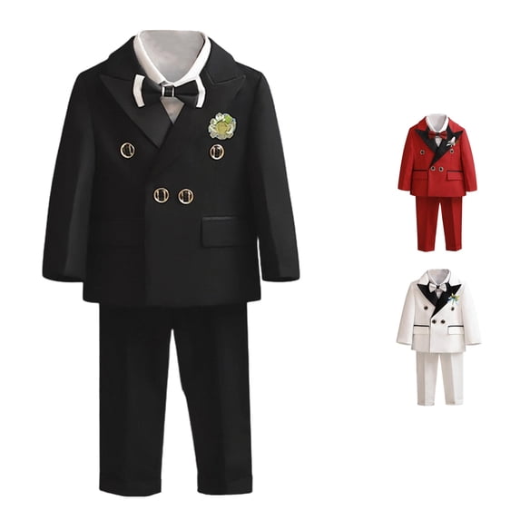 GobdXE Boys Double Breasted Suit Jacket Pants Bow Tie Lapel Flower Kids Wedding formal Outfit Set Black,7-8 Years