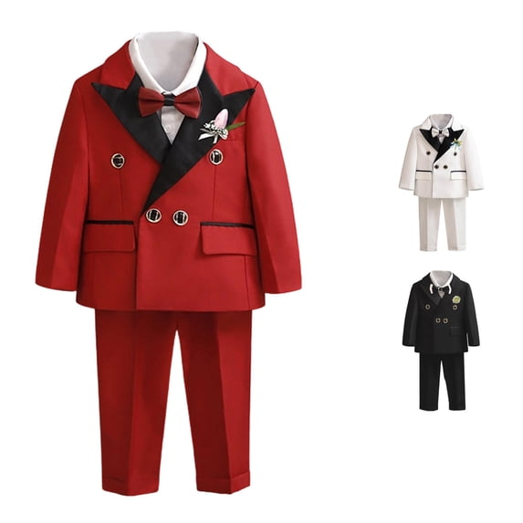 GobdXE Boys Double Breasted Suit Jacket Pants Bow Tie Lapel Flower Kids Wedding formal Outfit Set Red,5-6 Years