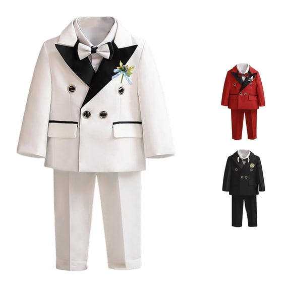 GobdXE Boys Double Breasted Suit Jacket Pants Bow Tie Lapel Flower Kids Wedding formal Outfit Set White,6-7 Years