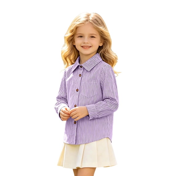 GobdXE Boys Girls Spring Fall Long Sleeve Striped Button Down Shirt Collared with Chest Pocket Back to School Casual Top Size:6-7 Years
