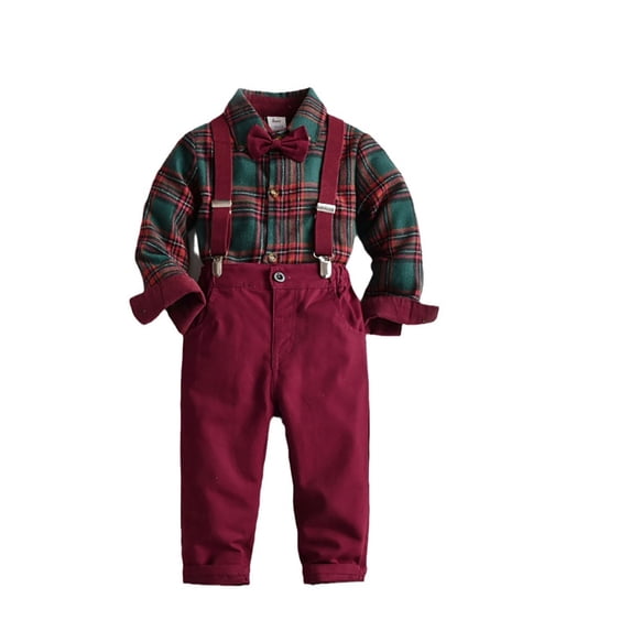 GobdXE Boys Plaid Long Sleeve Shirt Suspender Pants Outfit Set with Bow Tie formal Wedding Gentleman Suit 1-2 Years,Red