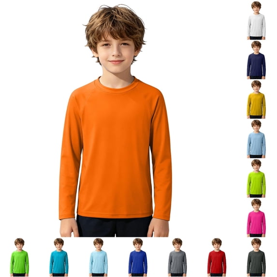 GobdXE Boys Plain Solid Raglan Rash Guard UPF 50 Protection Crew Neck Long Sleeve Sun Swim Shirt Orange,7-8 Years