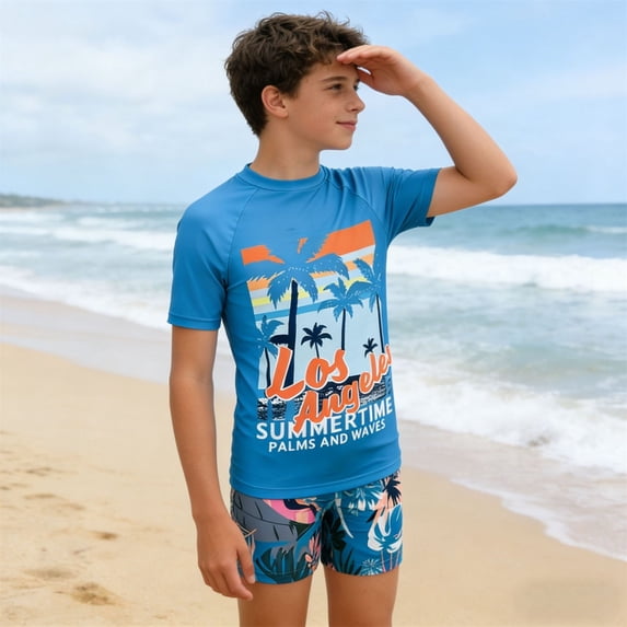 GobdXE Boys Summer Beach Rash Guard Swimsuit Sky Blue LA Letter Coconut Tree Graphic Top Jungle Floral Printed Swim Trunks UPF Protection 2PCS Beach Outfit Size:11-12 Years