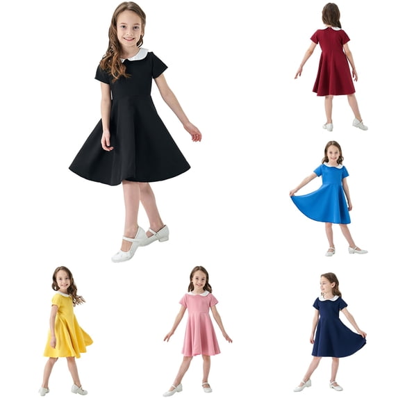 GobdXE Contrast Peter Pan Collar Short Sleeve Fit and Flare Swing Dress Back To School Uniform Dress for Girls Black,9-10 Years
