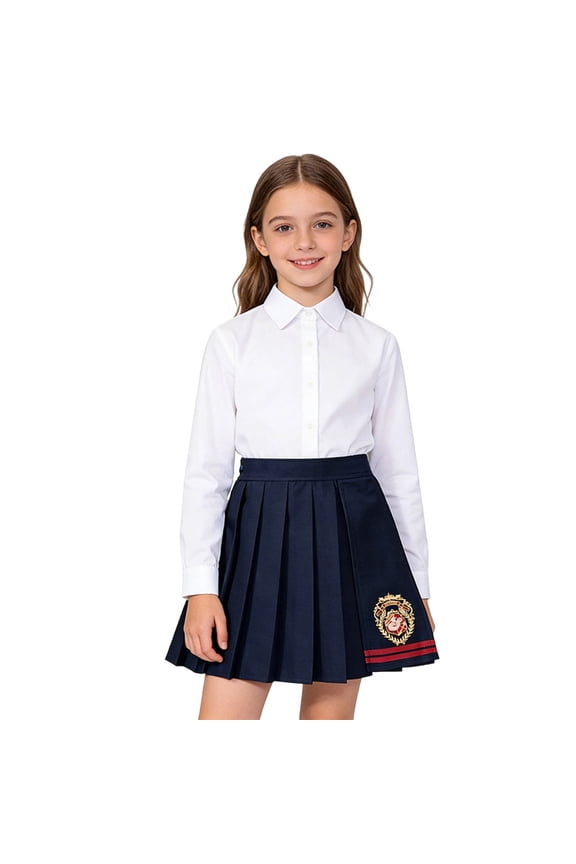 GobdXE Crest Embroidery Double Contrast Stripe Hem Permanent Pleated Skort Built In Anti Exposure Lining Back To School Uniform Bottom for Girls 5-6 Years,Navy