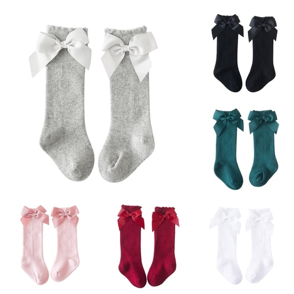 GobdXE Fine Rib Ruffle Edge Grosgrain Bow Calf Socks Soft Stretch Daily Party Socks for Baby Girls Gray,5-7 Years