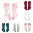 thumbnail image 1 of GobdXE Fine Rib Ruffle Edge Grosgrain Bow Calf Socks Soft Stretch Daily Party Socks for Baby Girls Pink,18-36 Months, 1 of 5
