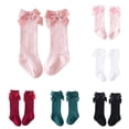 thumbnail image 1 of GobdXE Fine Rib Ruffle Edge Grosgrain Bow Calf Socks Soft Stretch Daily Party Socks for Baby Girls Purple,6-18 Months, 1 of 5