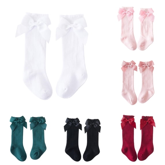 GobdXE Fine Rib Ruffle Edge Grosgrain Bow Calf Socks Soft Stretch Daily Party Socks for Baby Girls White,5-7 Years