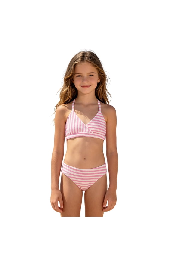 GobdXE Girls 2 Piece Bikini Swim Set Textured Crinkle Fabric Vertical Stripe Halter Wrap V Neck Swimsuit Kids Summer Beach Swimwear Size:13-14 Years