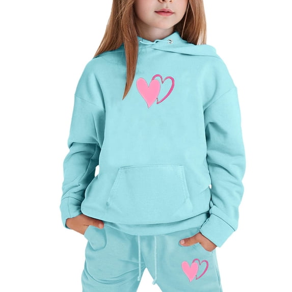 GobdXE Girls 2 Piece Fall Winter Tracksuit Double Intertwined Heart Print Pullover Hoodie with Kangaroo Pocket and Drawstring Jogger Pants Casual Kids Clothing Set 4-5 Years,Sky Blue